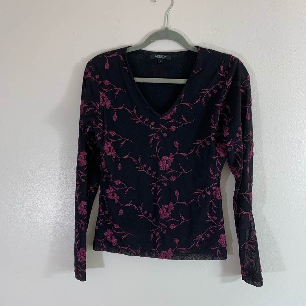 Size large  Black,lined,long sleeved Karen Kane top with pick embroidery
